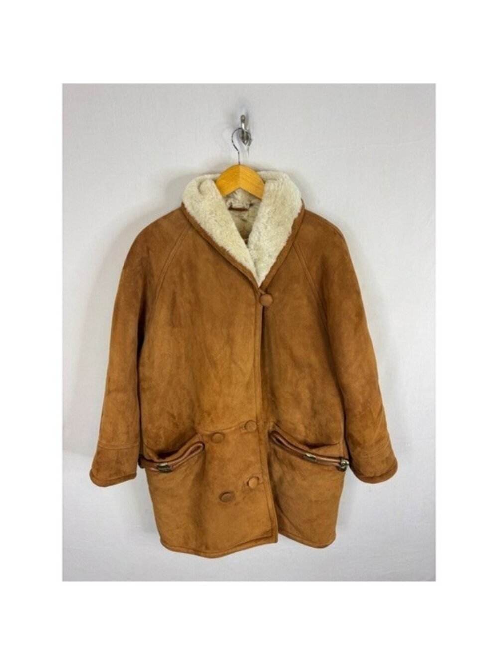 Axiom Italy Shearling Originale Tan Suede Fur Lined Shawl Collar Coat 40